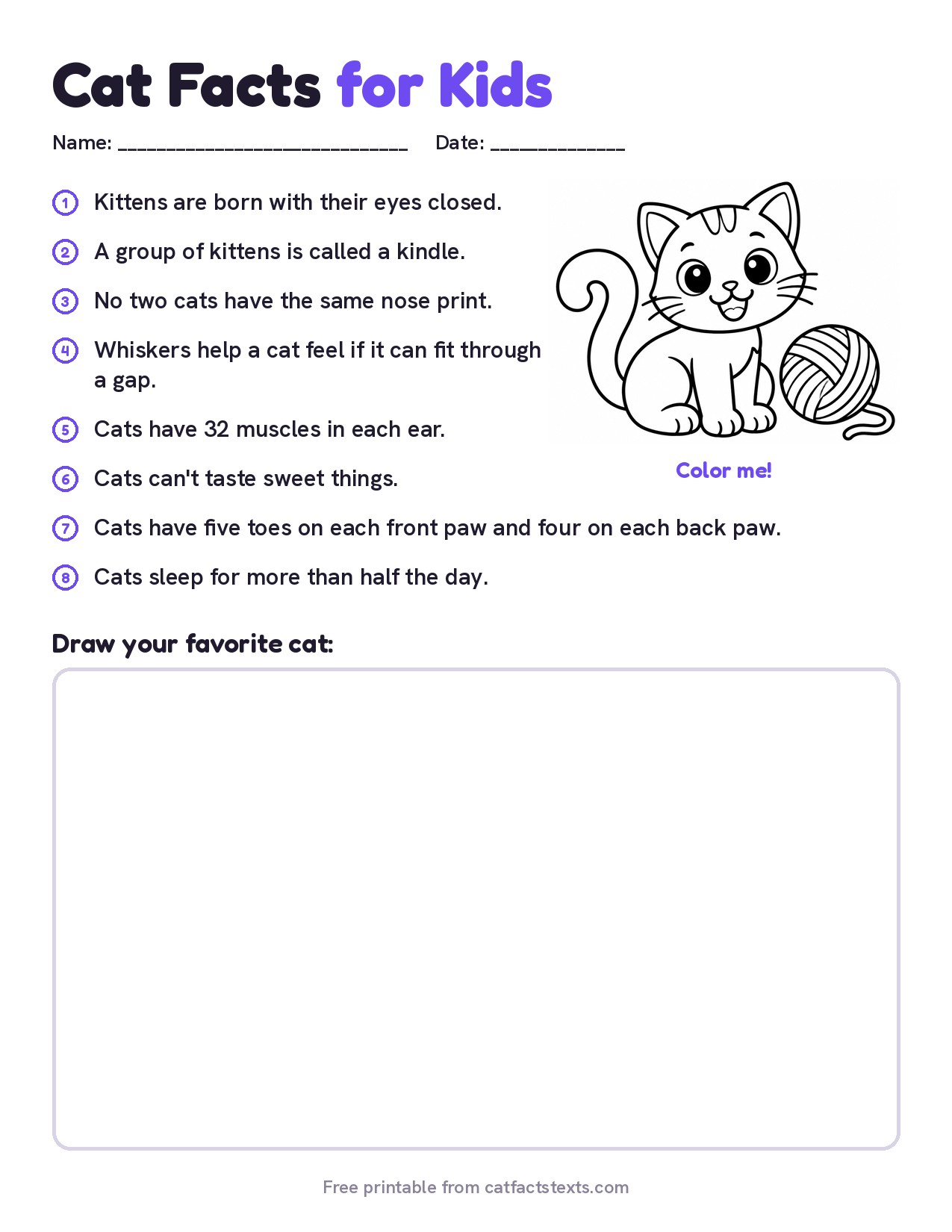 Printable cat facts for kids worksheet with 8 facts, a cat coloring picture, and a box to draw your favorite cat