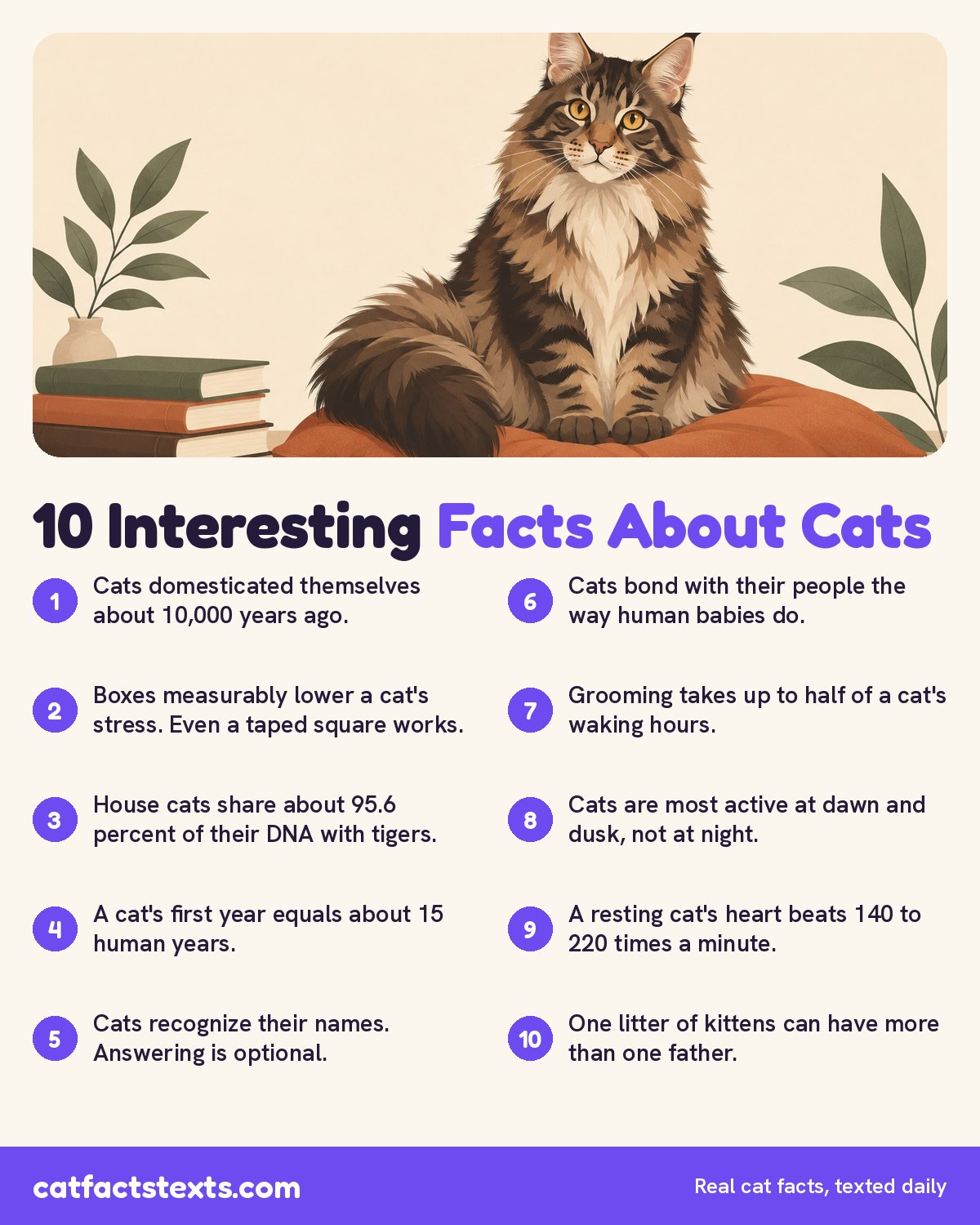 Infographic: 10 interesting facts about cats, from cats domesticating themselves 10,000 years ago to sharing 95.6 percent of their DNA with tigers